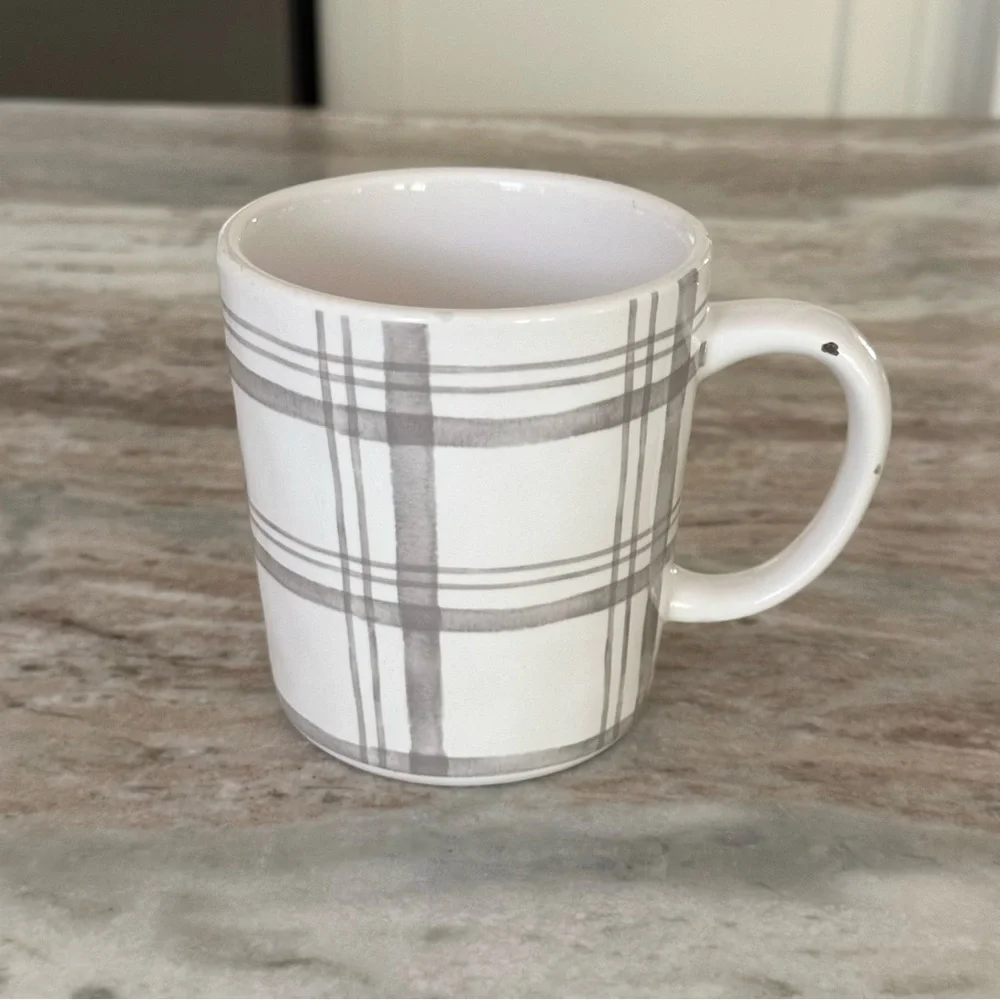 Pier 1 White and Grey Checkered Plaid Ironstone China Mug